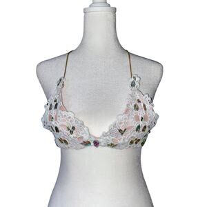 Beautiful Embroidered Bra Swim Wear Size Small White Pink Beach Festivals